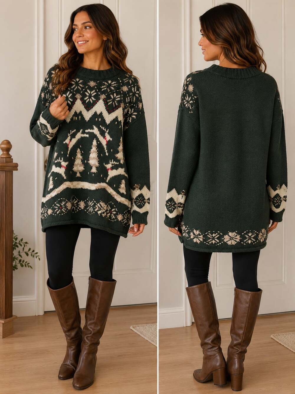 Lauren Hansen Hand-Knitted Green Reindeer and Snowflake Christmas Pullover Sweat
